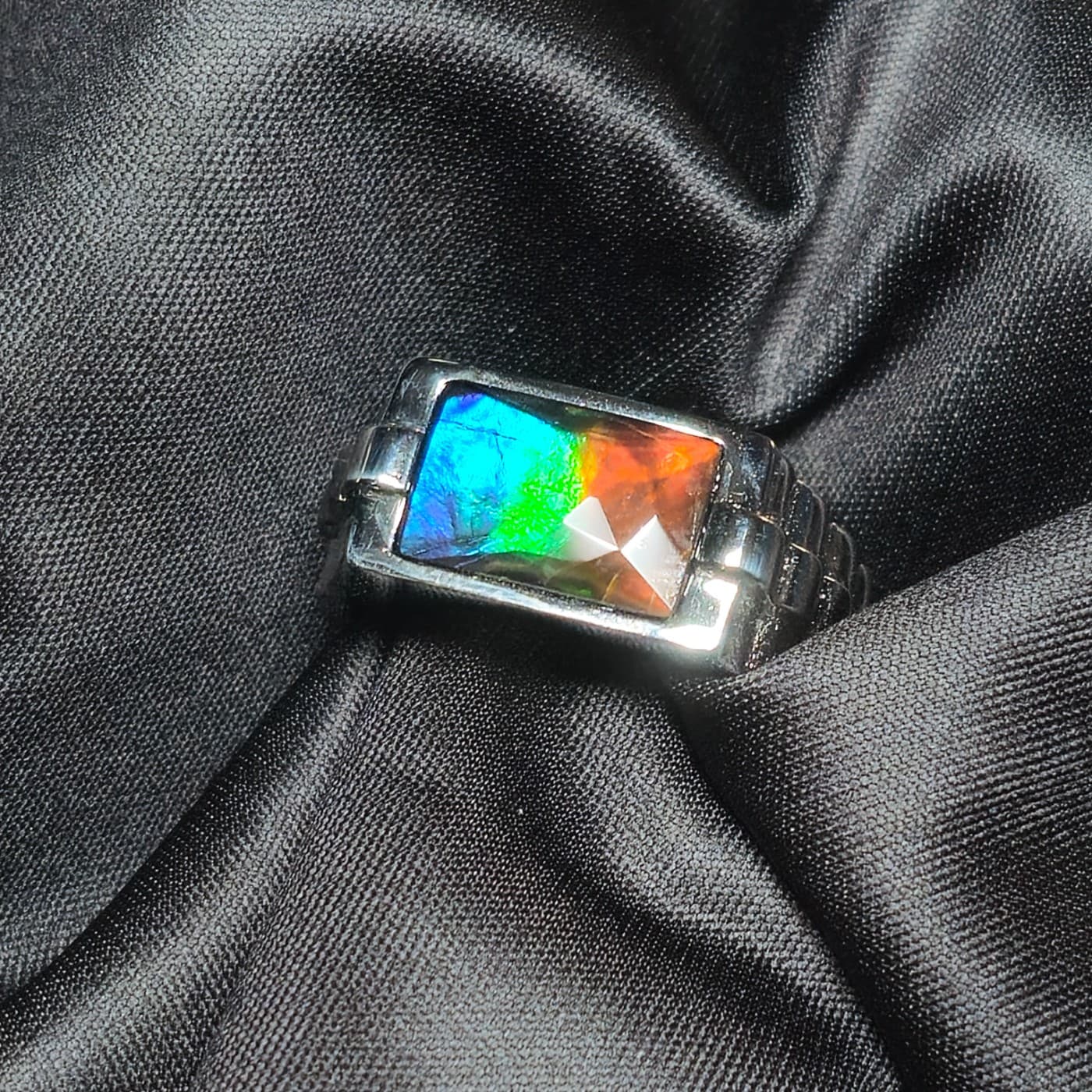Sterling Silver Ammolite Ring 12x8 Rectangle