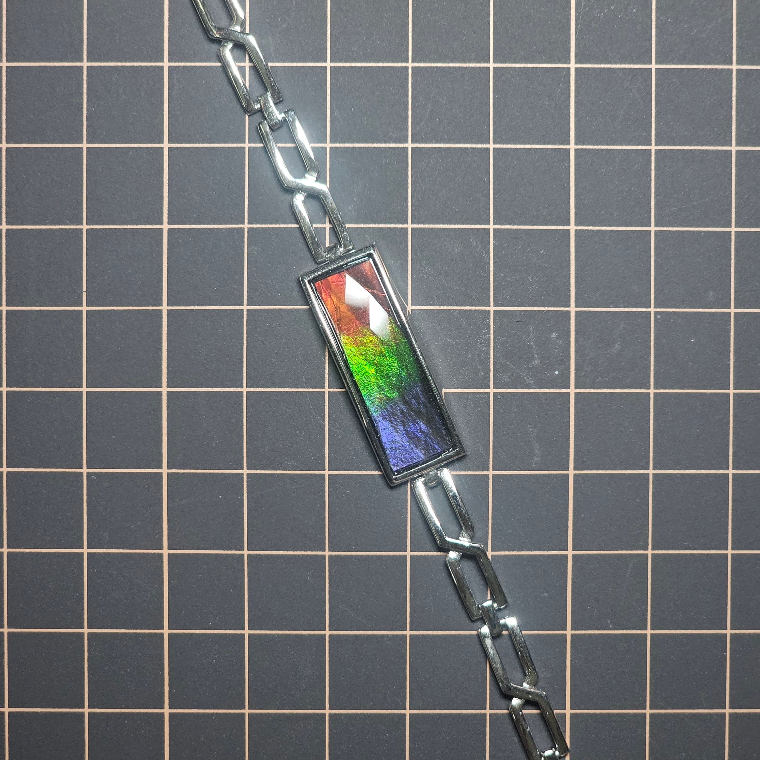 Silver Ammolite Bracelet 25x8 Faceted Rectangle