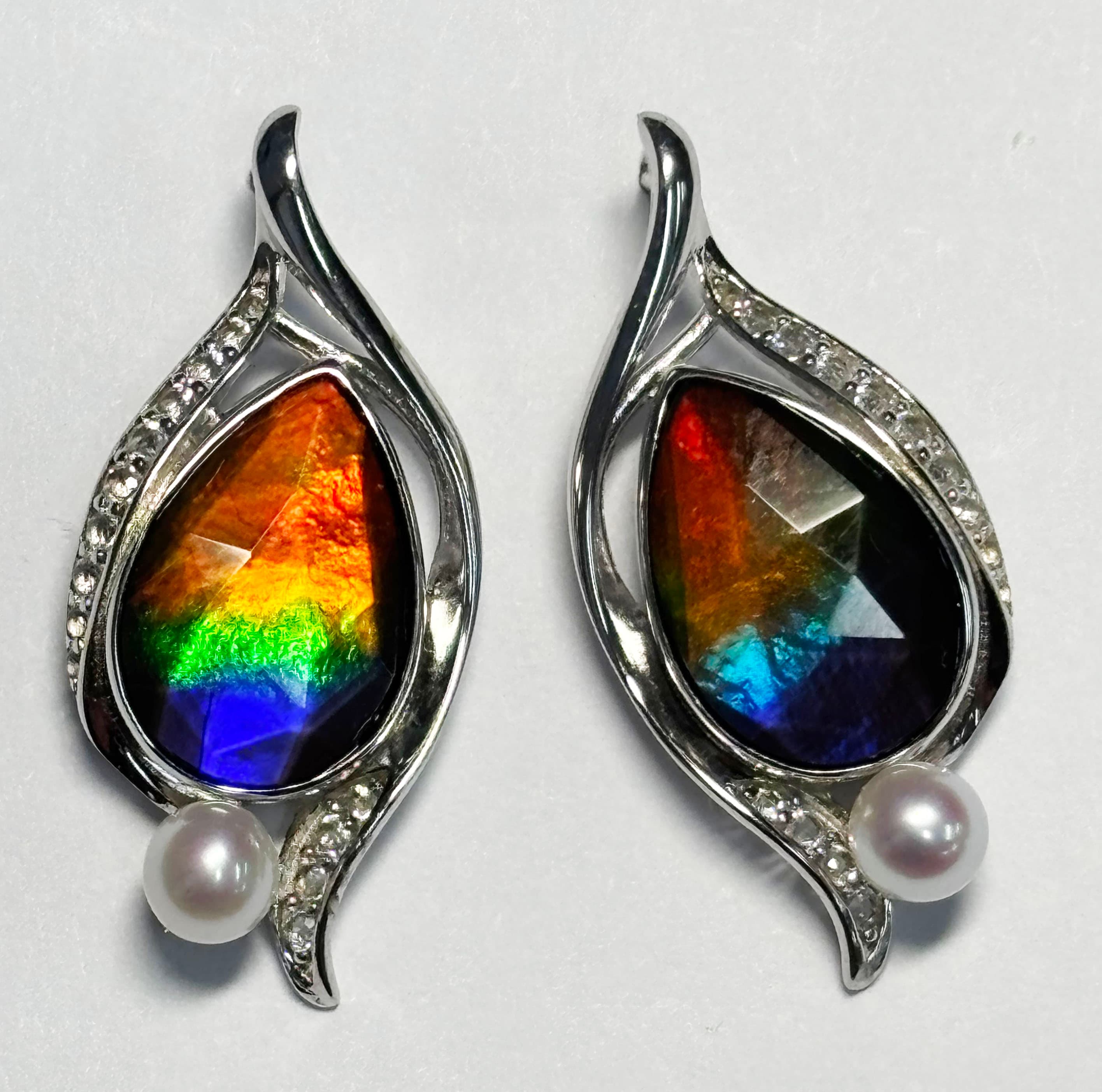 Silver Ammolite Earrings 12x8 Pear with Pearl and Sapphire