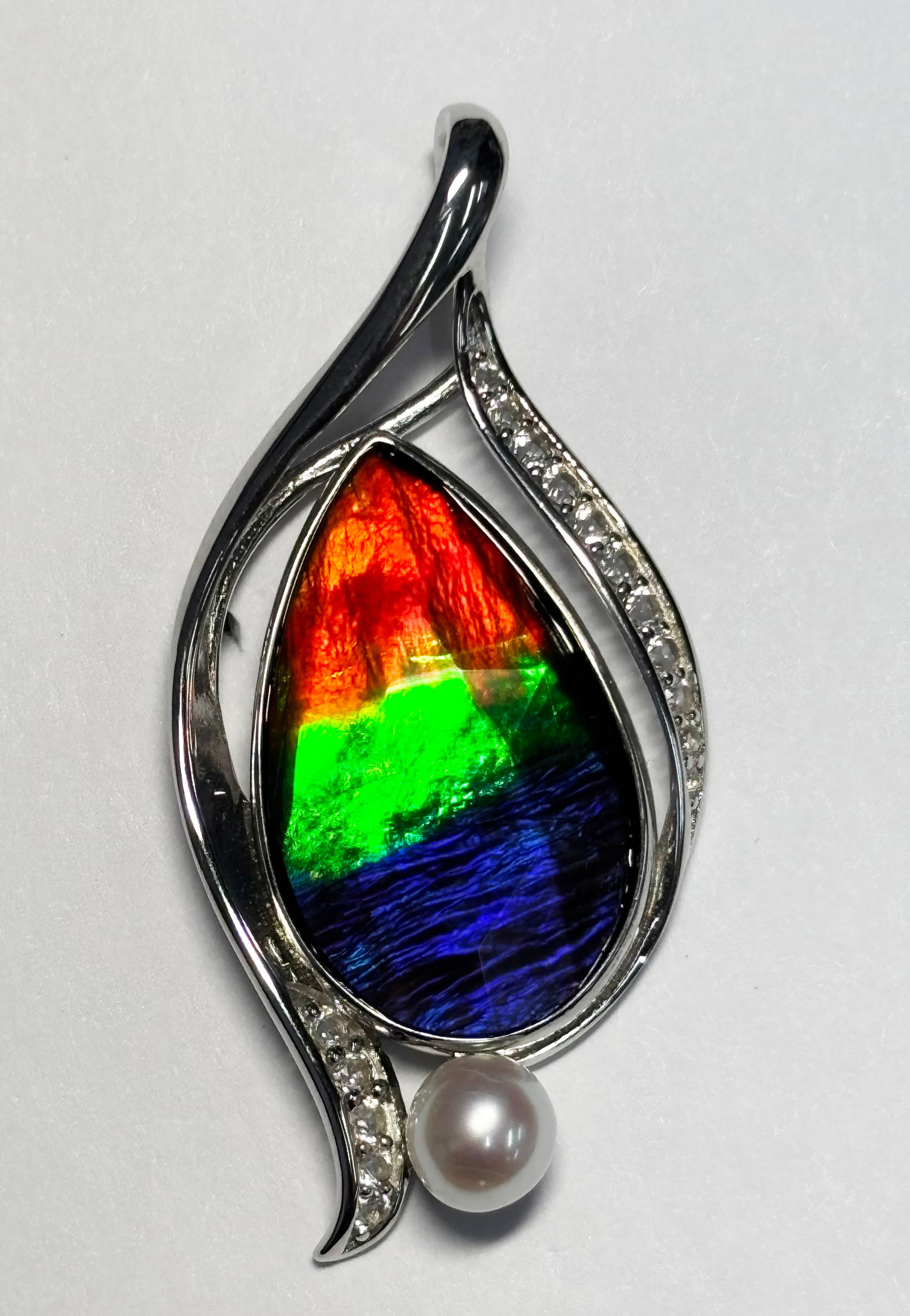 Silver Ammolite Pendant 22x13 Pear with Pearl and Sapphire