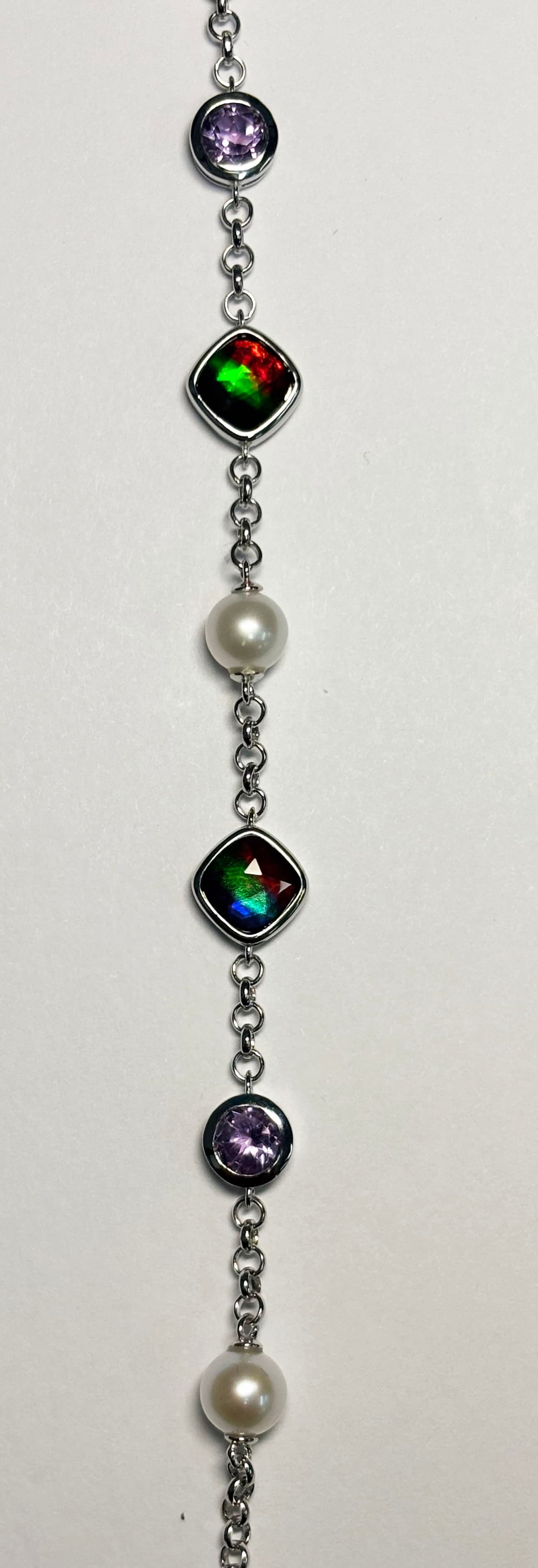 Silver Ammolite Bracelet 6mm Cushion with Pearl & Amethyst