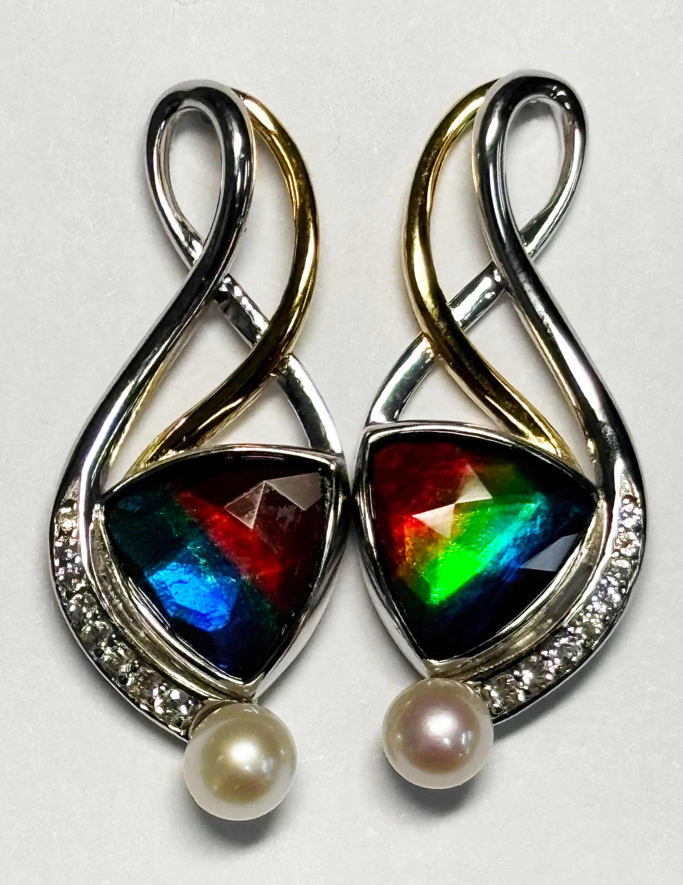 Silver Ammolite Earrings 8mm Trillion with Pearl and Sapphire