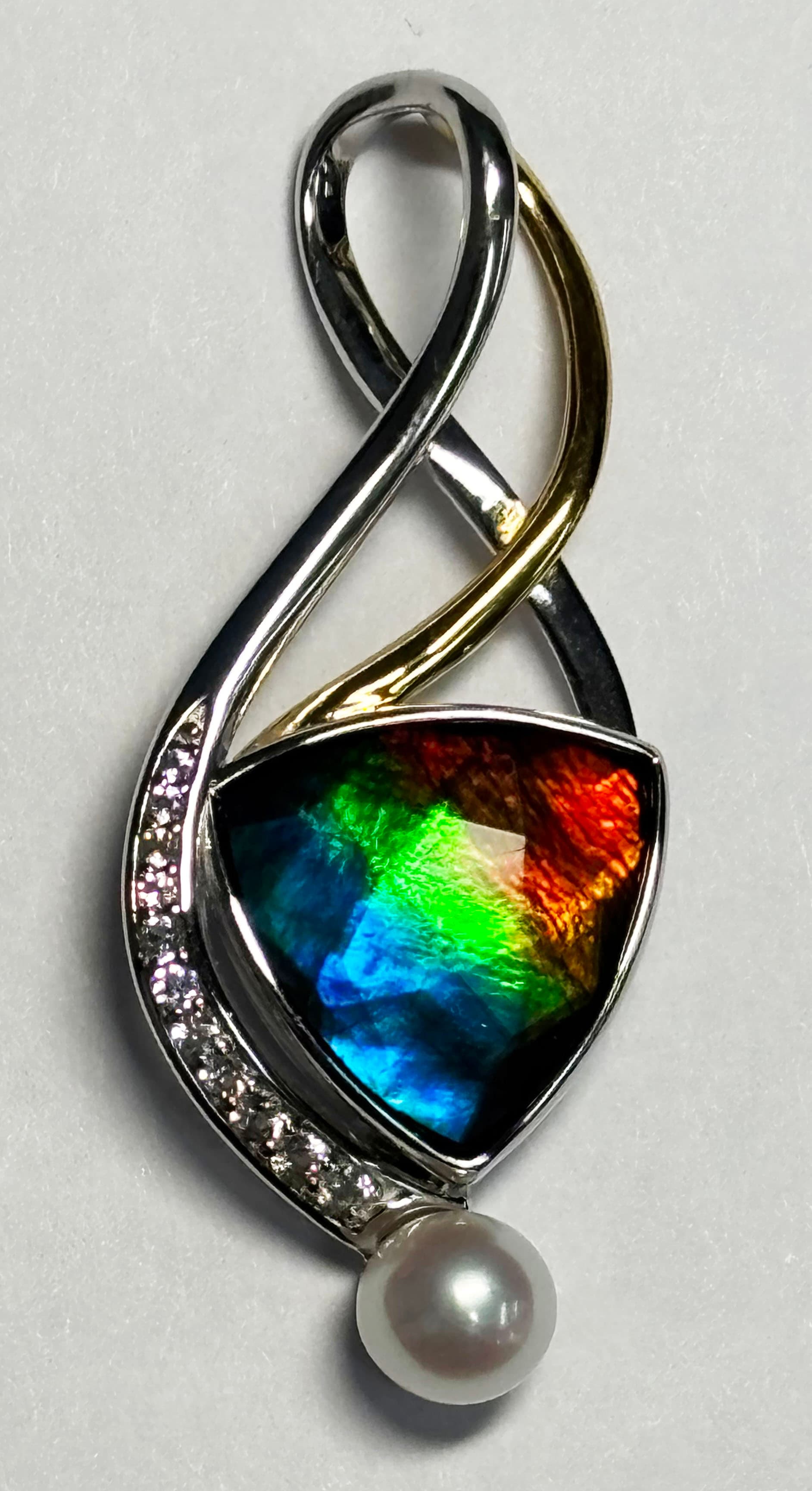 Silver Ammolite Pendant 12mm Trillion with Pearl and Sapphire